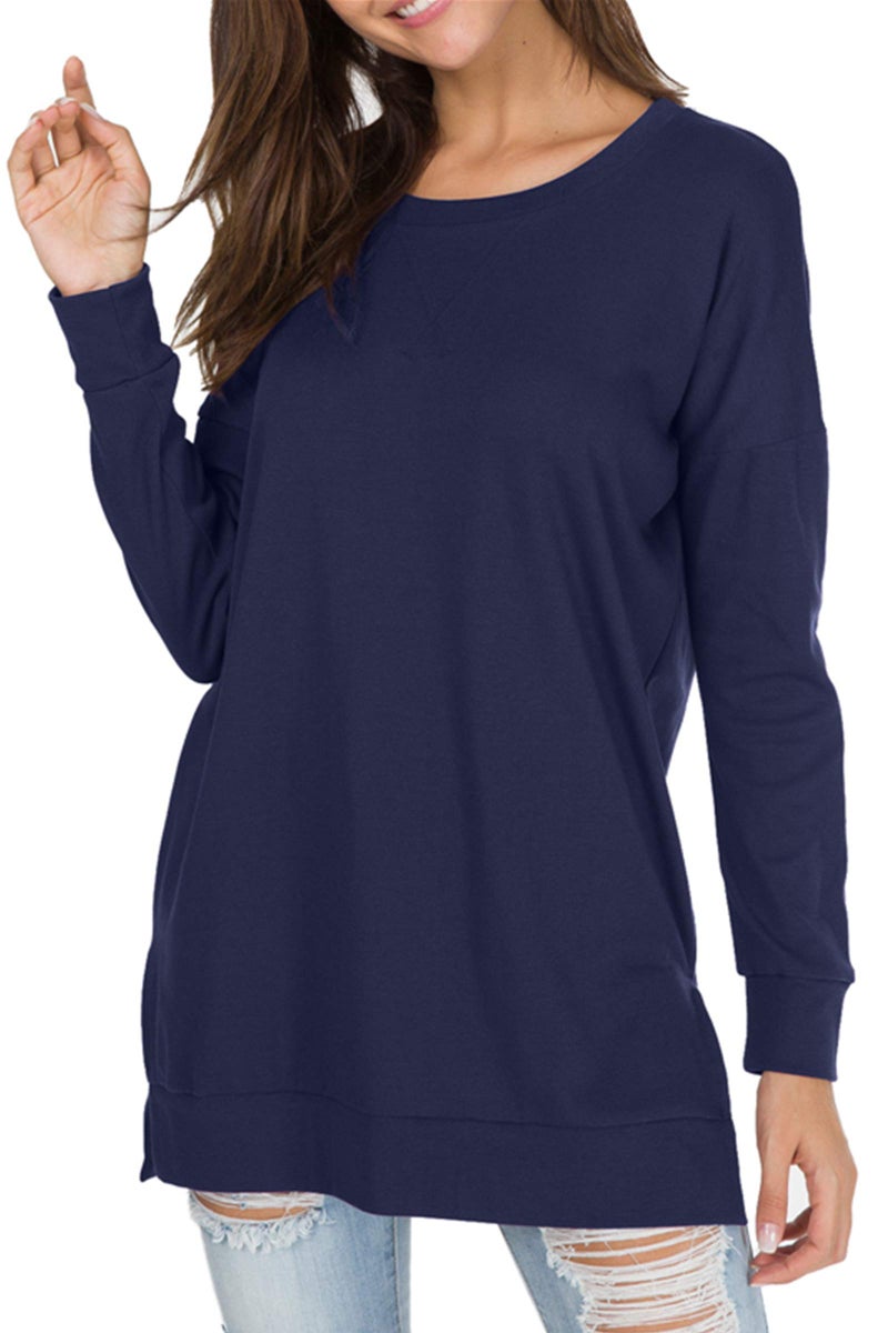 levaca Womens Oversize Plain Side Split Loose Casual Baggy Pullover Deep Blue M - Image 2